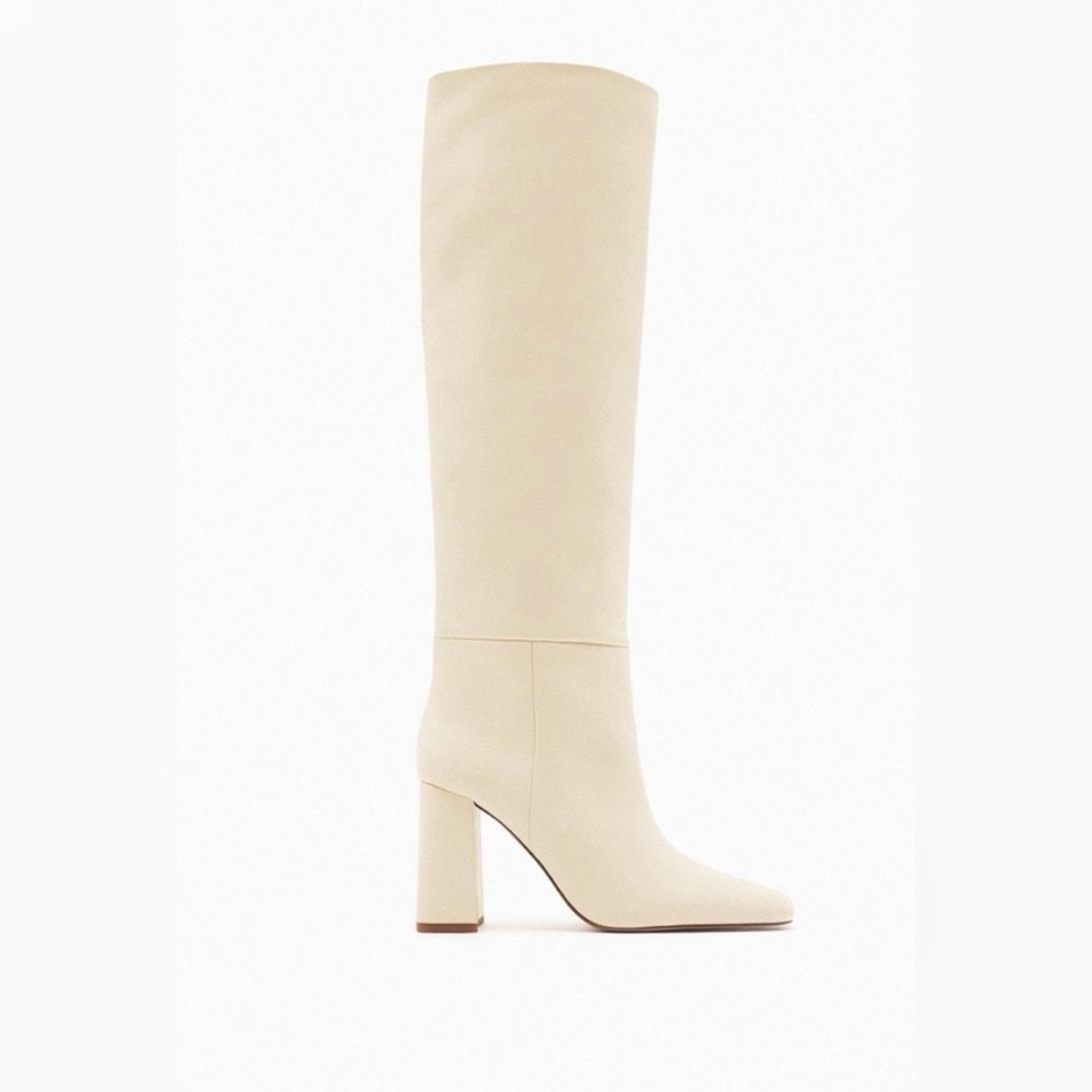 NWT Zara Leather Over-the-Knee Block Heel Boots Cream